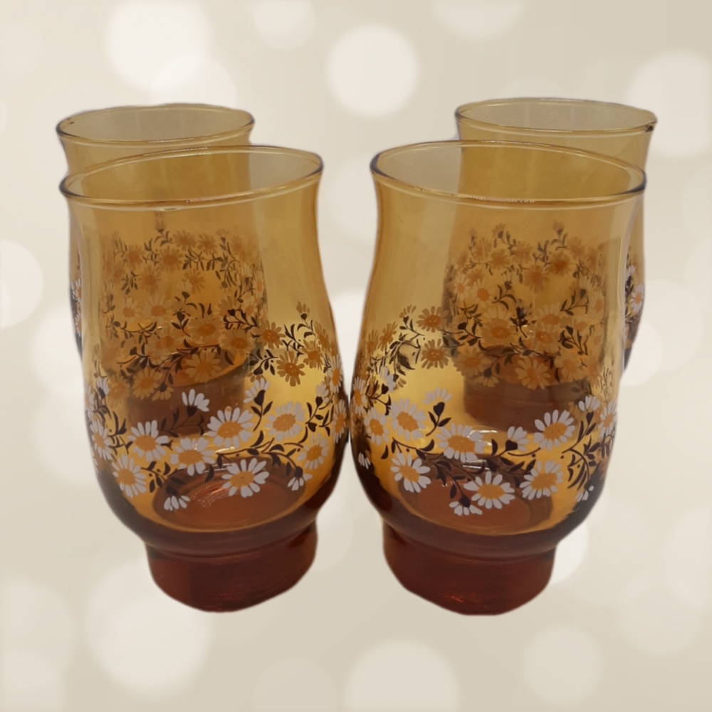 Vintage Tulip 14oz Drinking Glasses Amber Daisey Set of 4